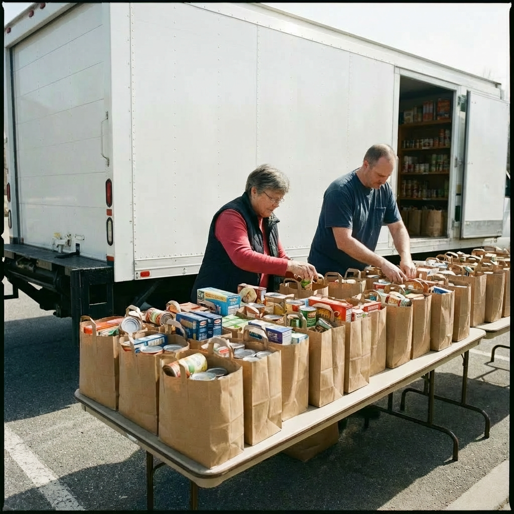 Wooden shelves filled with canned goods and boxed food under a Community Pantry sign.