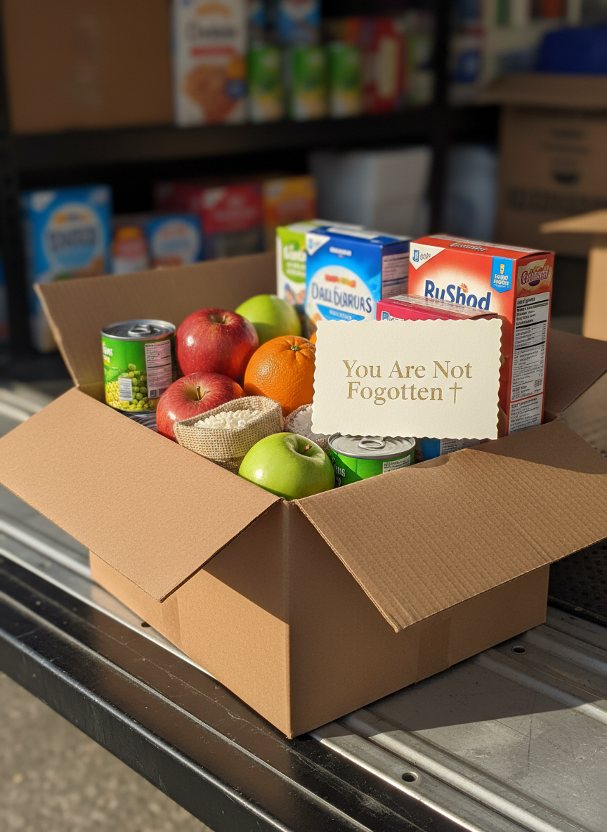 A close-up, photographic realism shot of an open cardboard box filled with carefully arranged staple foods: polished apples and oranges nestled beside rice bags, canned vegetables, and boxed cereal, each label facing outward. Resting on top is a simple, elegant note card printed with the words “You Are Not Forgotten” alongside a small cross symbol in muted gold. The box sits on the edge of a clean, textured truck floor, with the blurred outline of the mobile pantry’s interior shelves in the background. Warm, directional side lighting creates soft highlights on the fruit and subtle shadows in the corrugated cardboard, evoking a mood of quiet care and sophistication. Captured with a shallow depth of field from a slightly angled overhead perspective, emphasizing detail and compassion.