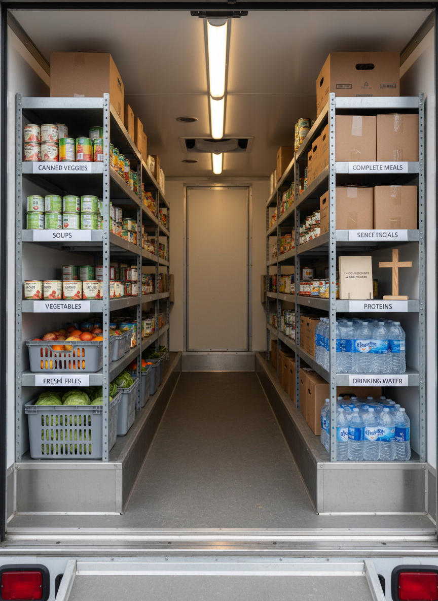 An interior view of a mobile food pantry truck in photographic realism, captured from the back looking toward the front, showing orderly metal shelving lining both sides. Each shelf displays categorized items: fresh produce in ventilated bins, neatly aligned canned goods, boxed meals, and bottled water, all labeled with clear, tasteful signage. On one shelf, a small, well-crafted wooden cross stands beside a stack of simple pamphlets titled “Encouragement & Resources.” Soft LED strip lighting runs along the ceiling, casting a clean, even glow that highlights the textures of packaging and the subtle gleam of metal shelves. The mood is calm, efficient, and uplifting, with a centered, symmetrical composition that emphasizes organization, care, and purposeful mission.