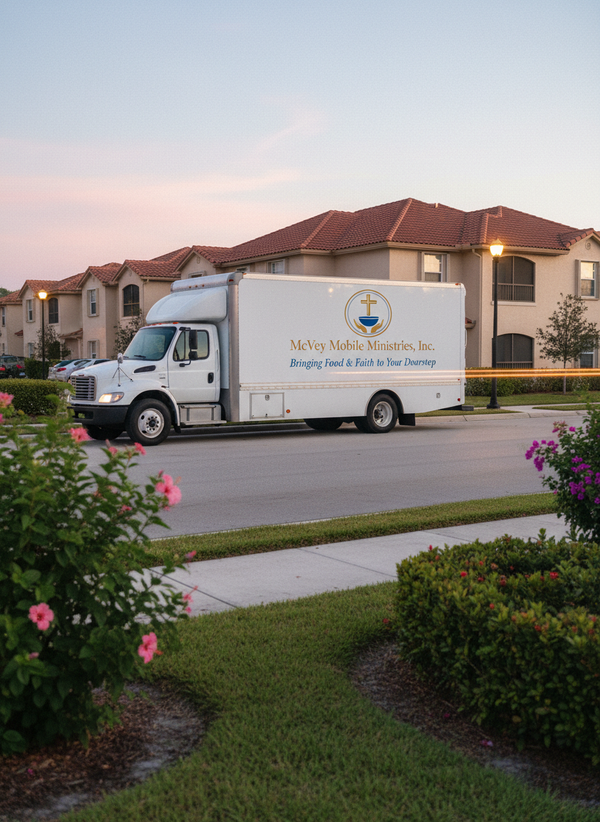 A serene photographic realism image of a quiet South Florida neighborhood street at dawn, with a mobile pantry truck parked respectfully along the curb in front of modest apartment buildings. The truck’s side panel displays a refined logo for “McVey Mobile Ministries, Inc.” and a tagline reading “Bringing Food & Faith to Your Doorstep” in sophisticated typography. Pale pink and soft blue hues from the early morning sky reflect gently off the truck’s surface, while warm streetlights fade into the background bokeh. The street is empty, with carefully trimmed hedges and flowering shrubs framing the scene. Captured from a low-angle, three-quarter view, the composition suggests arrival and readiness, creating a peaceful, hopeful atmosphere grounded in quiet service.