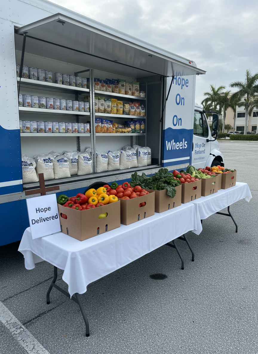 An orderly arrangement of food pantry supplies displayed on a long folding table covered with a crisp white tablecloth beside a mobile pantry truck. Sturdy cardboard boxes hold colorful bell peppers, tomatoes, and leafy greens, while neatly aligned shelves on the truck’s interior showcase labeled cans, boxed pasta, and bags of rice. A small wooden cross and a simple printed sign reading “Hope Delivered” rest at one end of the table. Soft, diffused morning light under an overcast sky creates gentle shadows and subdued highlights, giving the scene a serene, dignified feeling. Shot from a slightly elevated angle in photographic realism, with moderate depth of field to keep the food and signage in sharp focus while softly blurring the distant urban South Florida backdrop.