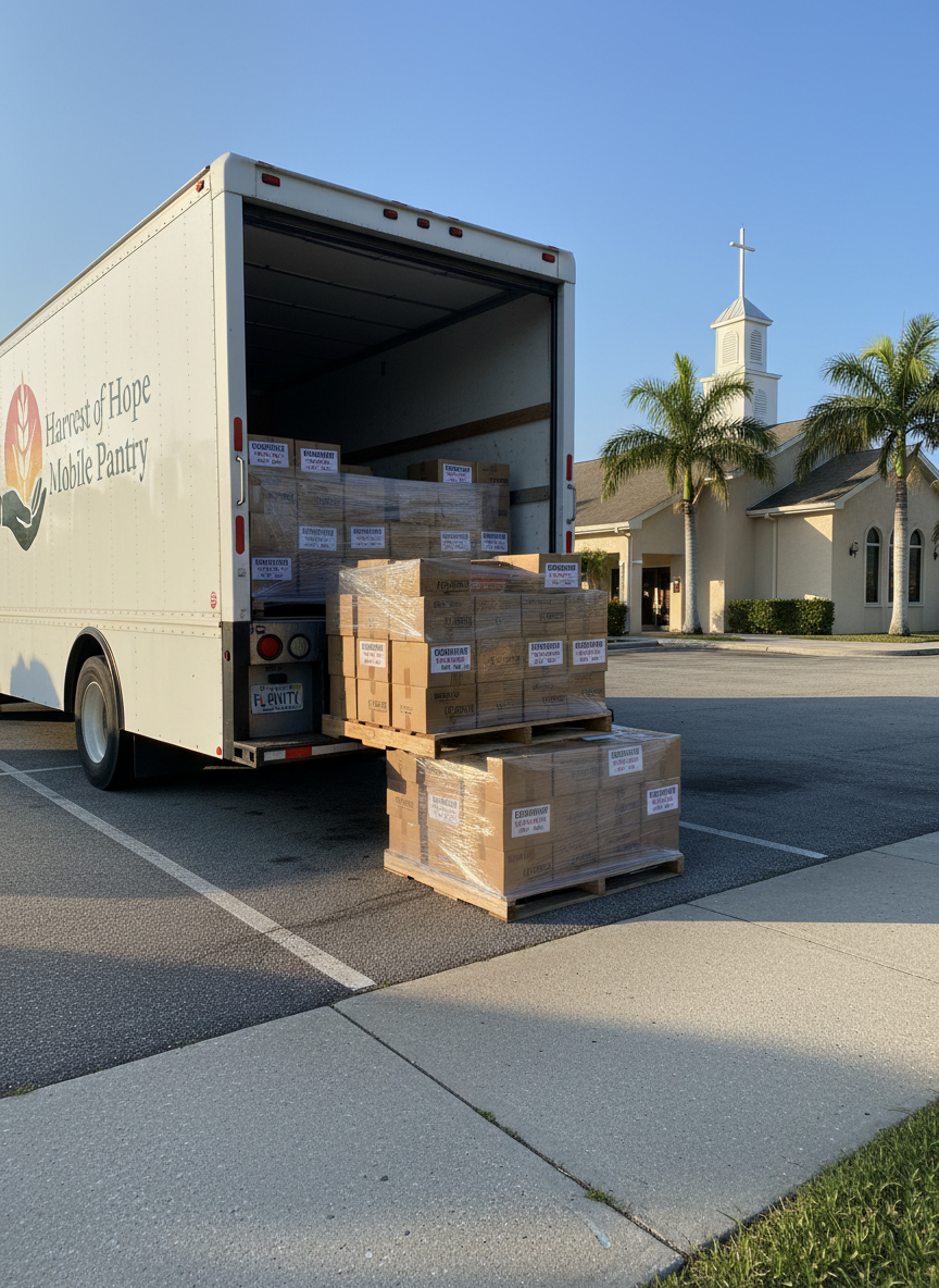 A dignified streetside scene in photographic realism featuring the rear of a mobile pantry truck backed up to a curb in a South Florida church parking lot, with its lift gate lowered like a small loading platform. On the platform sit several meticulously stacked pallets of food boxes, each sealed, labeled, and aligned with precision. In the distance, the understated façade of a church building with a simple cross-topped steeple is softly out of focus, framed by swaying palm trees. Late afternoon sun casts long, gentle shadows across the asphalt and creates a warm, welcoming glow on the truck’s white exterior. Composed using a wide-angle lens at eye level, the image balances the truck on one side and the church on the other, conveying partnership, stability, and hope.